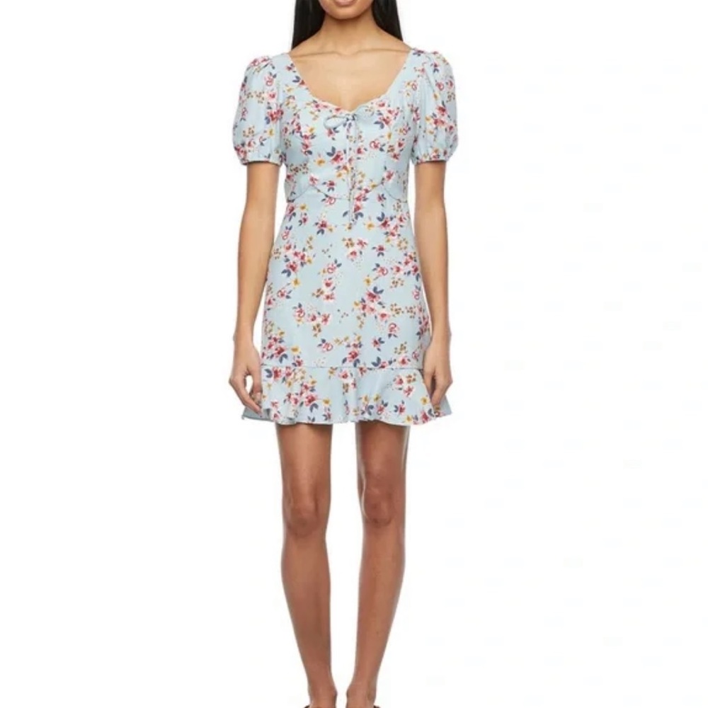 City Triangles Blue Floral Linen Blend Puff Sleeve Lined Dress